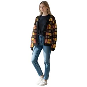 Arizona Jean Co Y2K Graphic Cardigan Women S Button Up Gold Burgundy Black